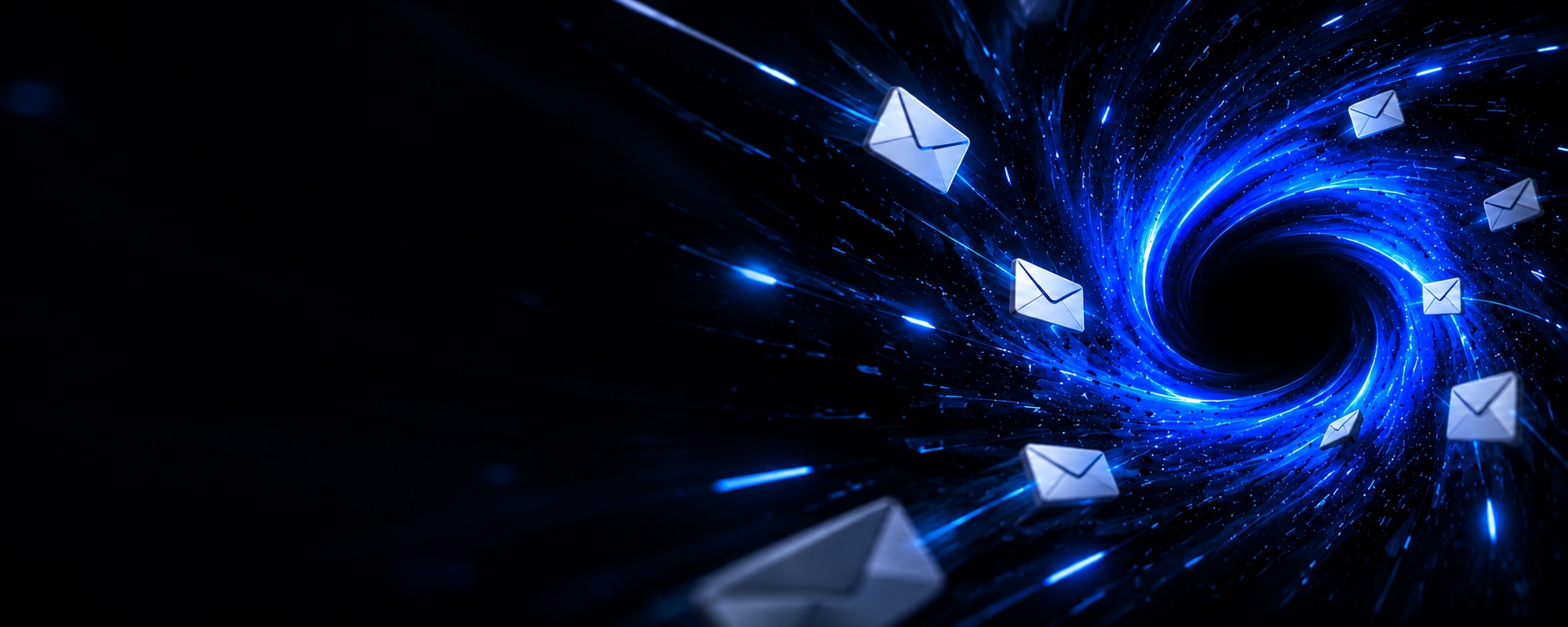 Email envelopes flowing into an electric-blue Abyss in a dark environment.